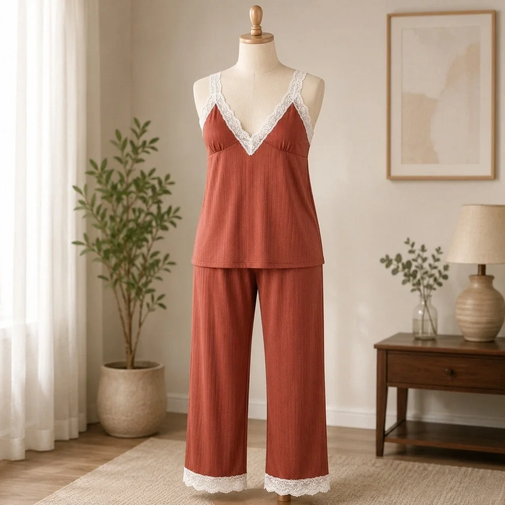NWT Cupshe Pajama Set  XL Terracotta Ribbed Lace Trim Cami and Pants Loungewear